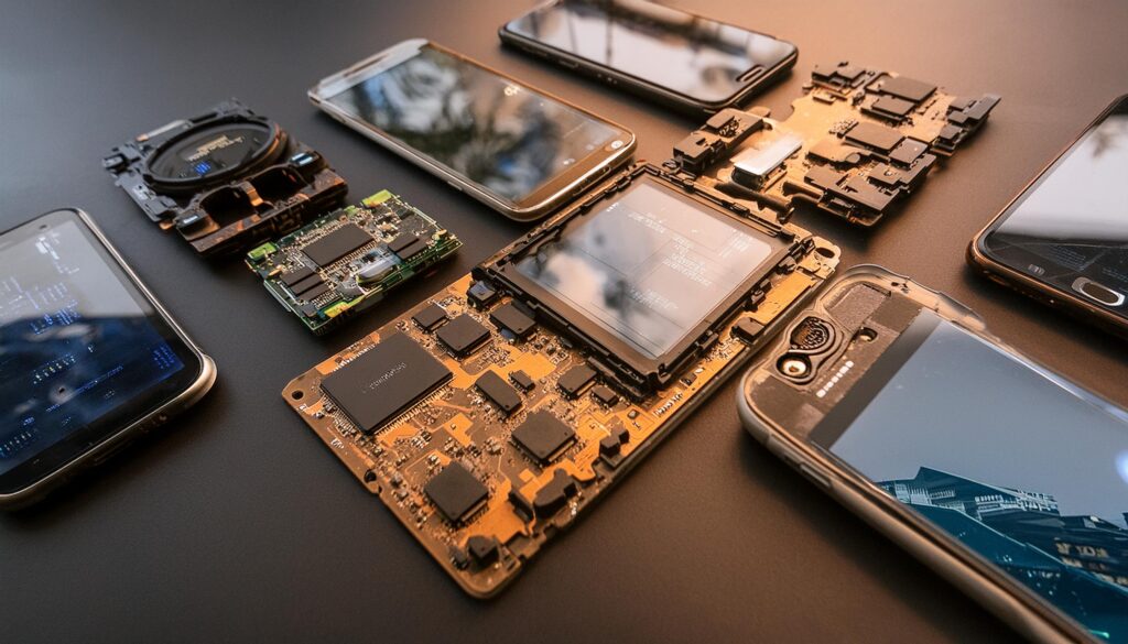 Visualize the intricate inner workings of smartphone chipsets, highlighting their powerful CPUs, efficient GPUs, and integrated AI capabilities that drive performance and innovation in modern mobile devices.